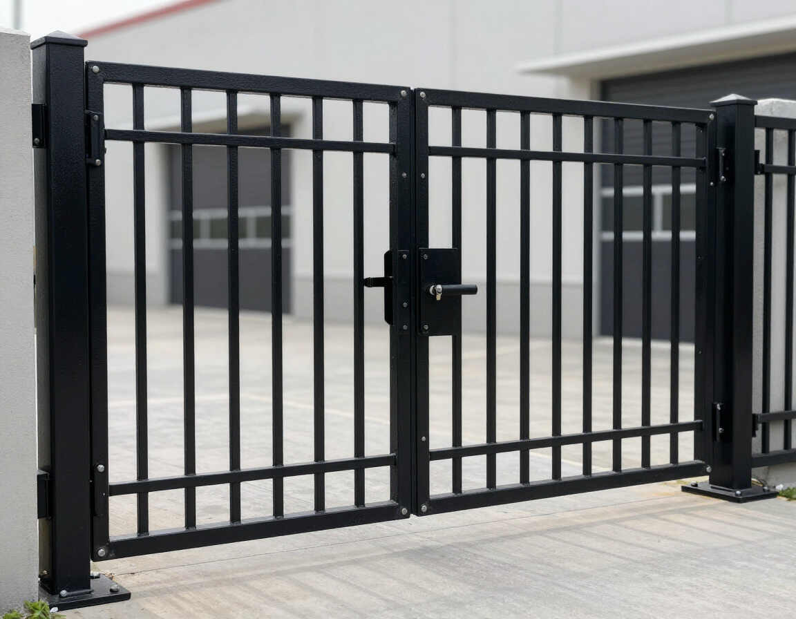 Black metal sliding gate with vertical bars at a building entrance