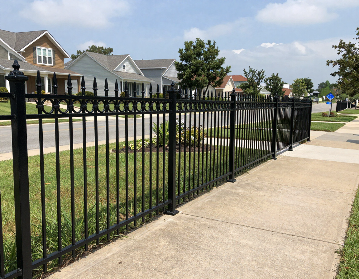 Black metal fence along a suburban sidewalk beside a street with houses in the background