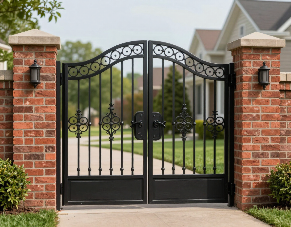Black wrought-iron gate between red brick pillars at a suburban driveway entrance