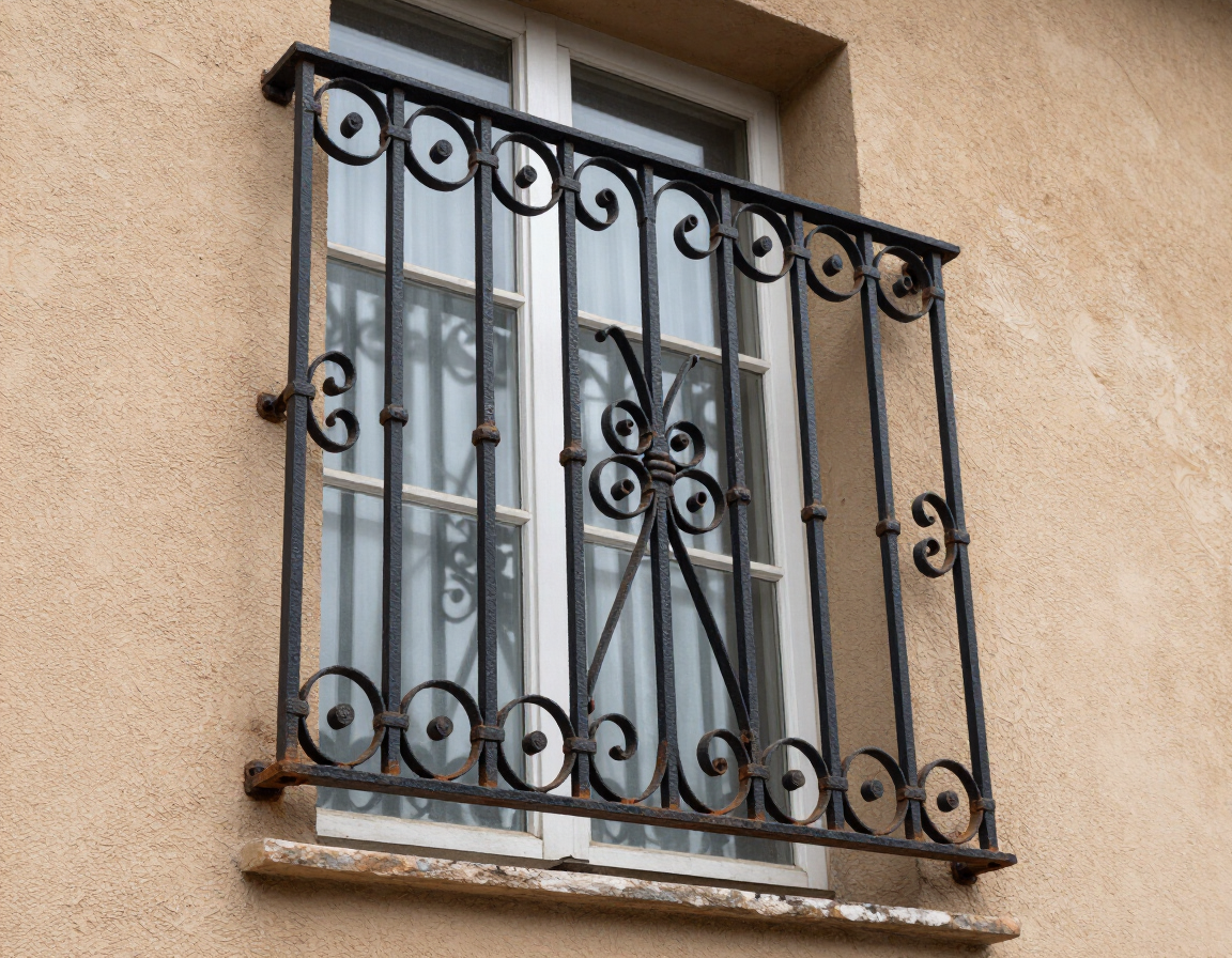 Black wrought-iron barred window on a beige stucco wall