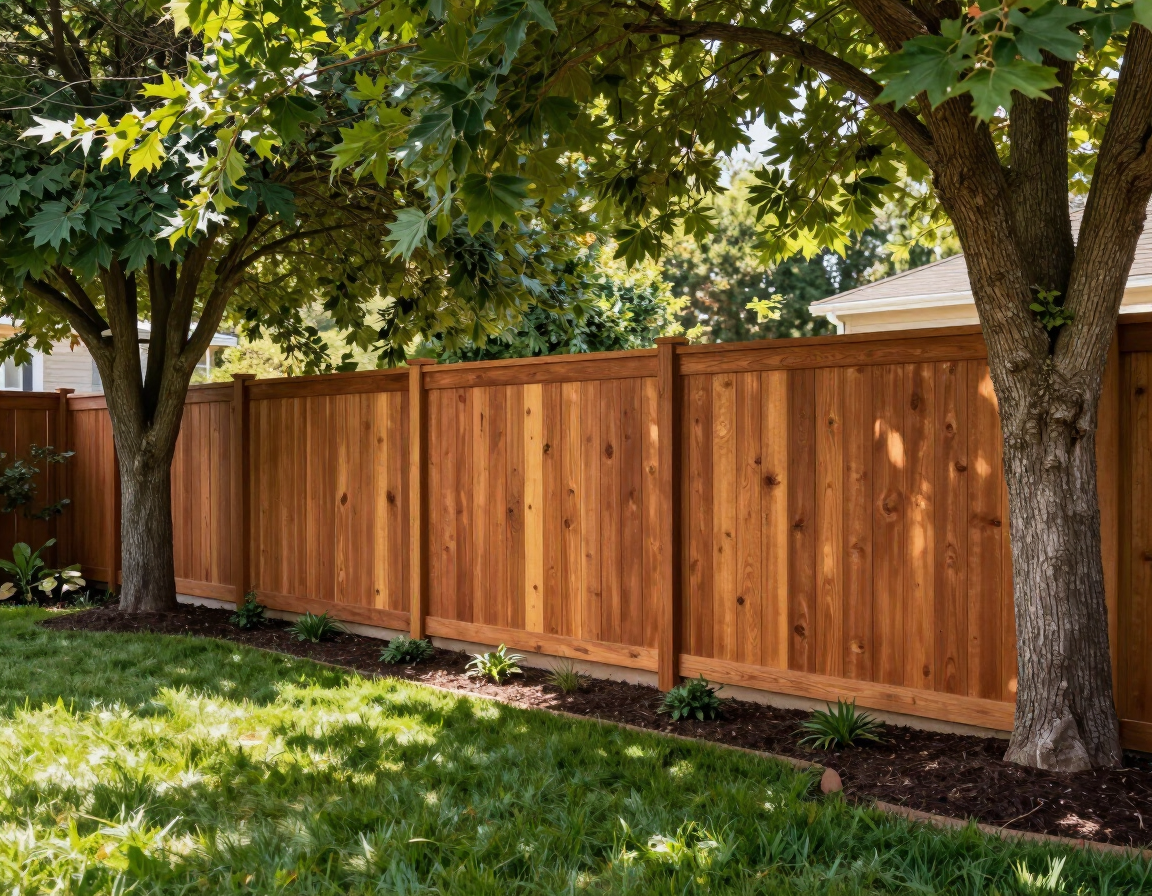 Wooden privacy fence beside a grassy yard with trees and sunlight