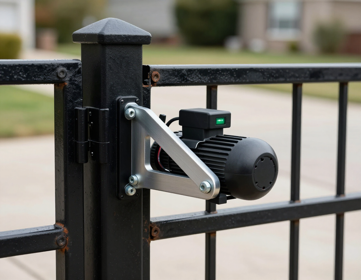 Black gate motor mounted on a metal fence post outdoors