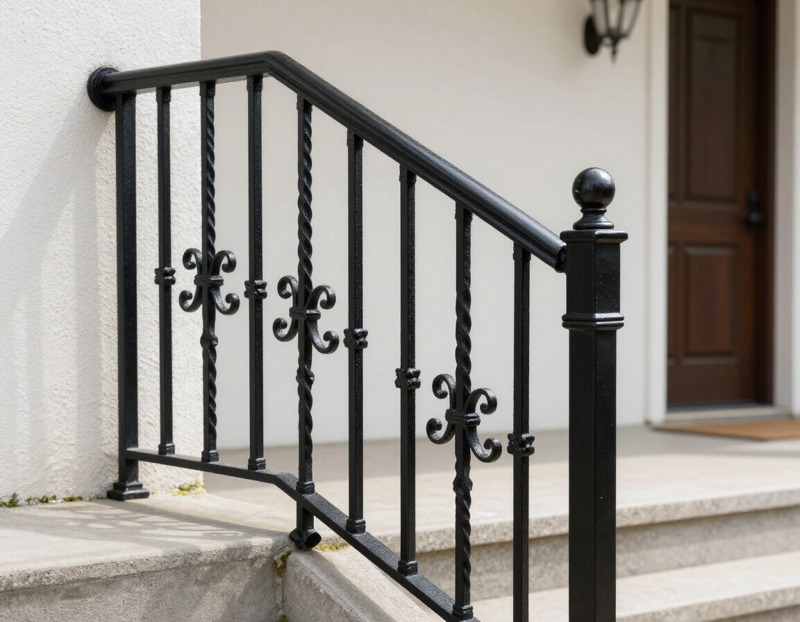 Black wrought-iron stair railing beside stone steps leading to a doorway