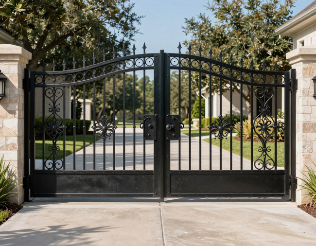 Closed black wrought-iron driveway gate between stone pillars at a landscaped entrance
