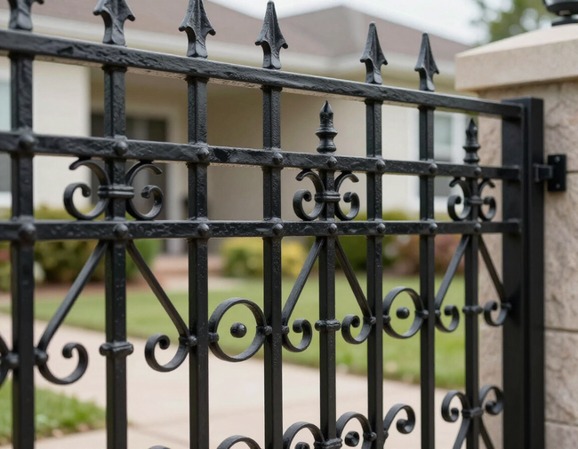 Black wrought-iron gate with decorative spikes in front of a house and driveway