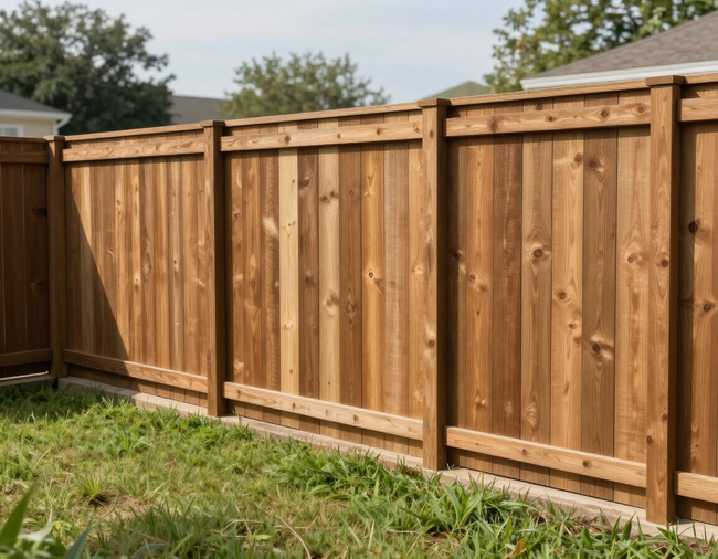 Wooden privacy fence bordering a grassy backyard under a clear sky.