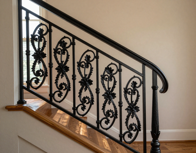 Decorative black wrought-iron staircase railing beside wooden steps and a beige wall