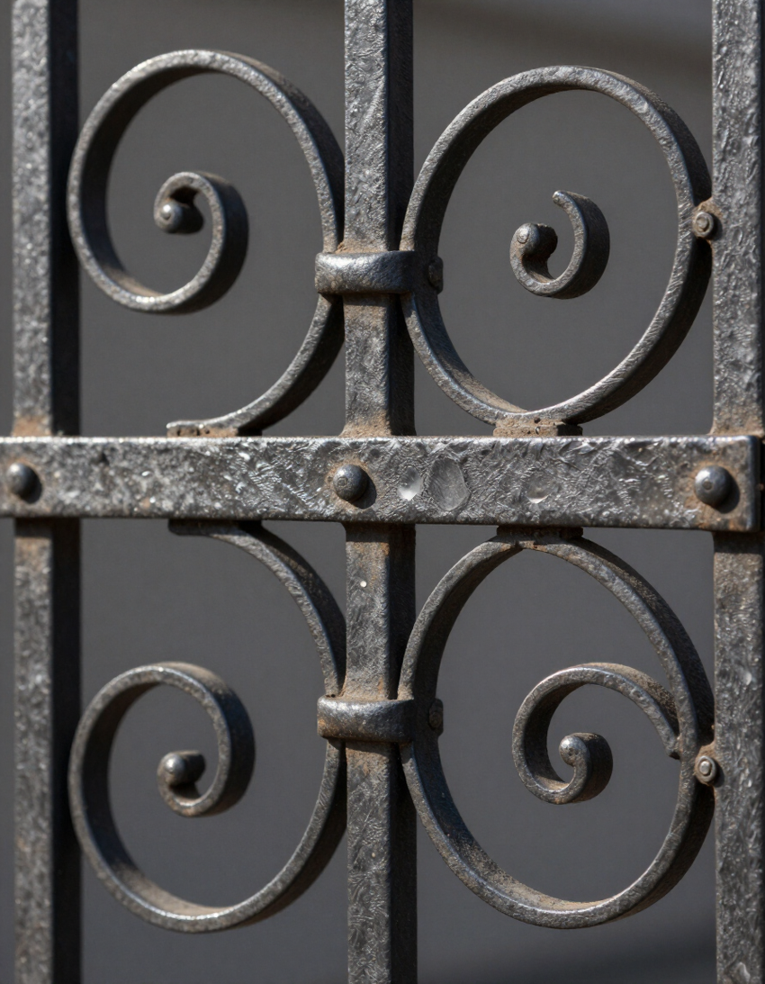 Close-up of black wrought-iron gate with decorative spiral scrolls and a horizontal bar