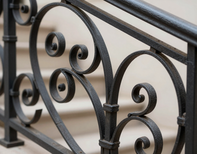 Black wrought-iron railing with ornate swirl designs and a beige background