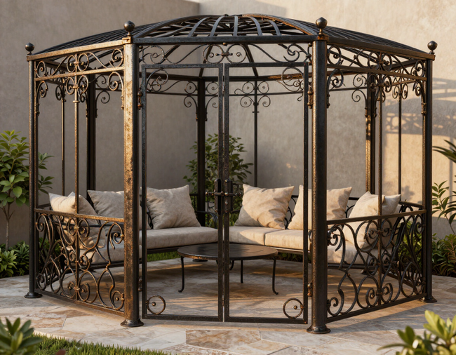 Ornate black metal gazebo with cushioned seating in a garden courtyard