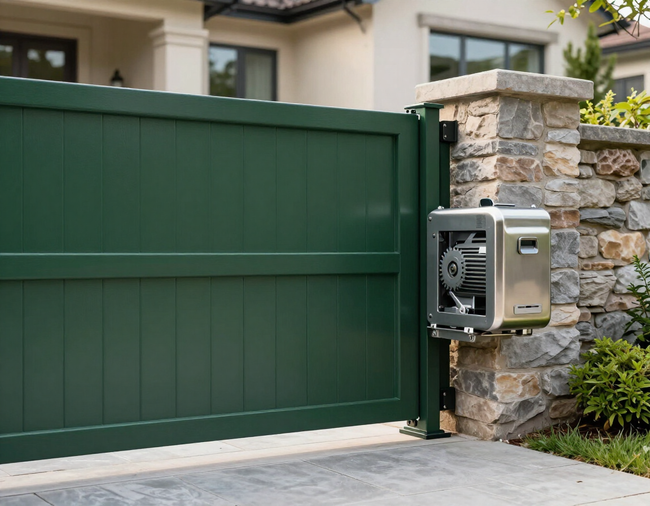 Green driveway gate beside stone pillar with a mounted automatic opener
