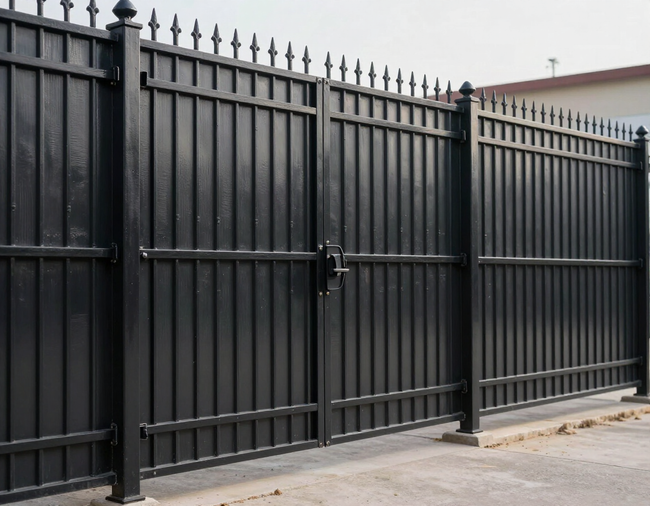 Black metal security fence and gate along a sidewalk beside a building