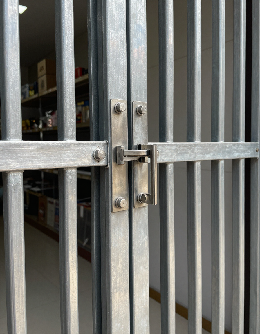 Locked metal gate bars across an indoor doorway with a visible storage room behind it