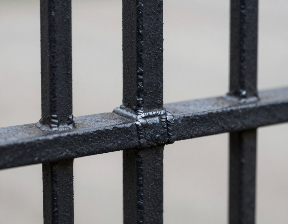 Close-up of black metal fence bars with chipped paint and a gray background