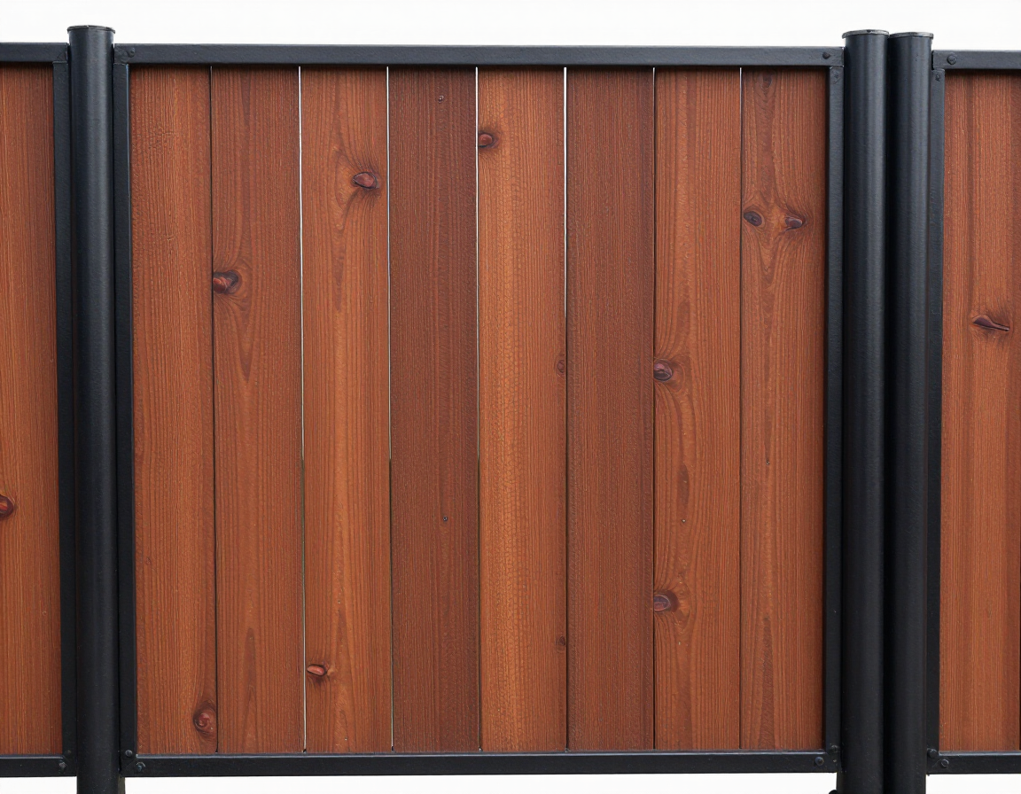 Wooden fence panels framed by black metal posts and horizontal rails
