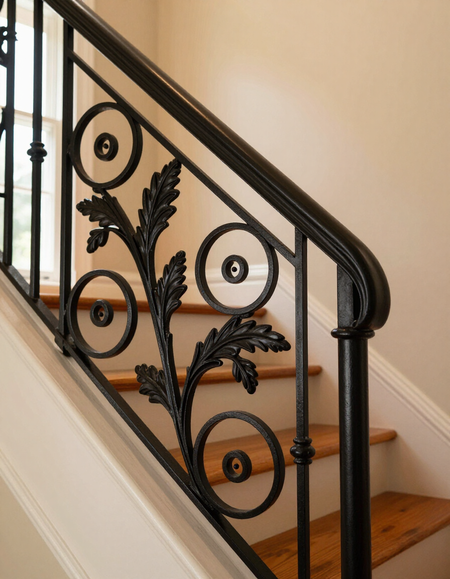 Decorative wrought-iron stair railing with floral scrollwork beside wooden stairs