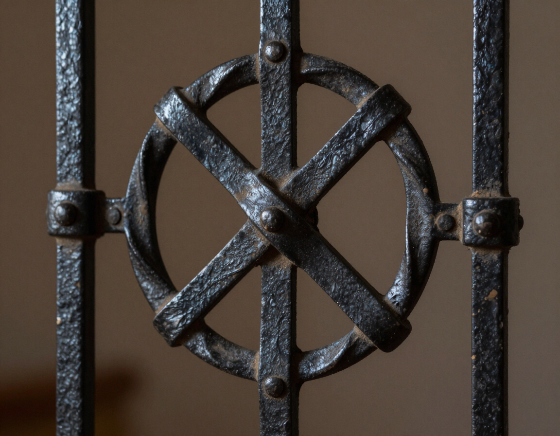 Close-up of a black metal gate with vertical bars and a circular crossed ornament in the center
