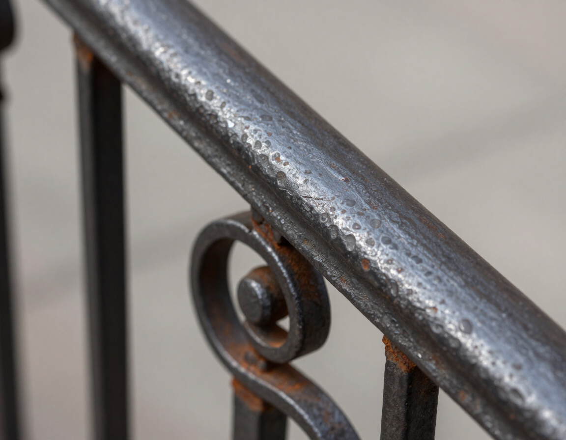 Close-up of a black wrought-iron railing with a curled decorative detail and rust spots