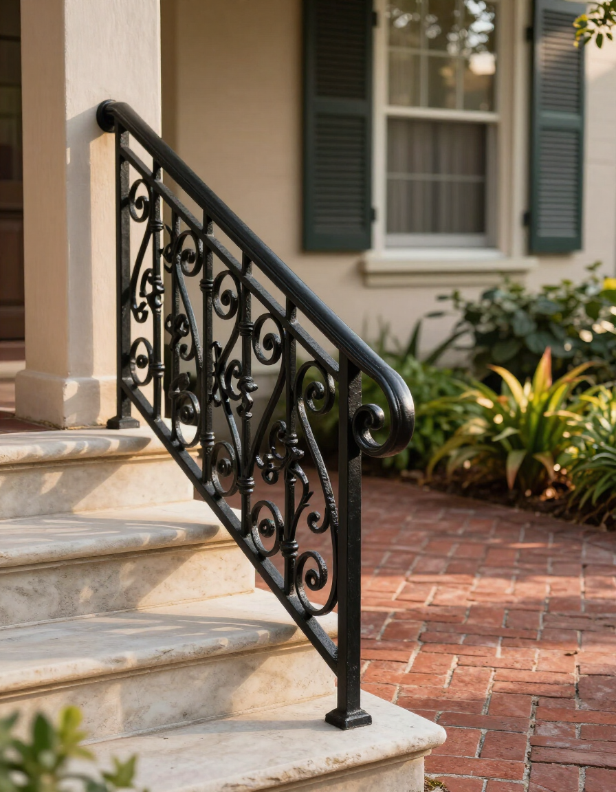 Black wrought-iron railing beside stone steps leading to a house entrance with brick walkway.