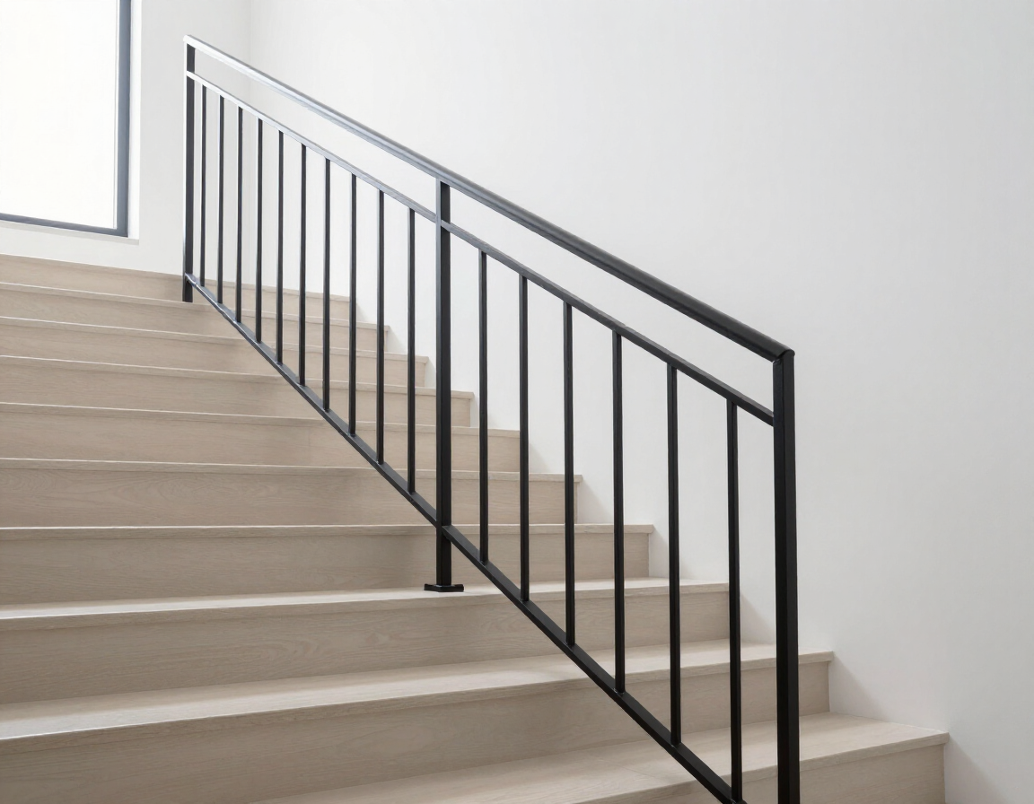 Black metal railing beside beige staircase in a bright interior