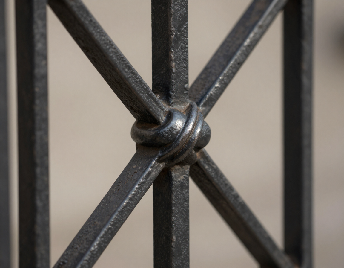 Close-up of a black metal gate with intersecting bars and a twisted knot at the center