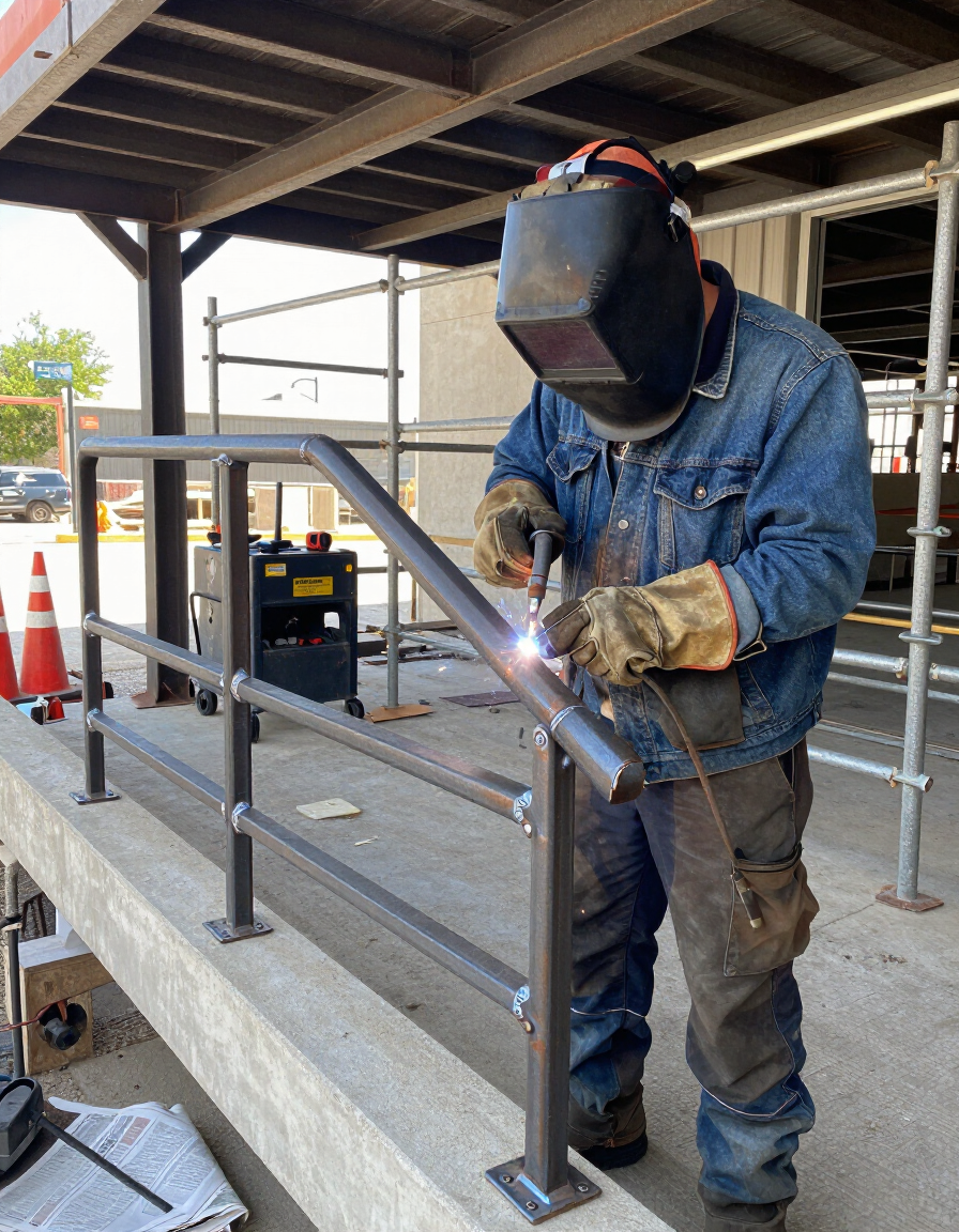Welder in denim and face shield welding a gray metal railing on a construction site under a roof