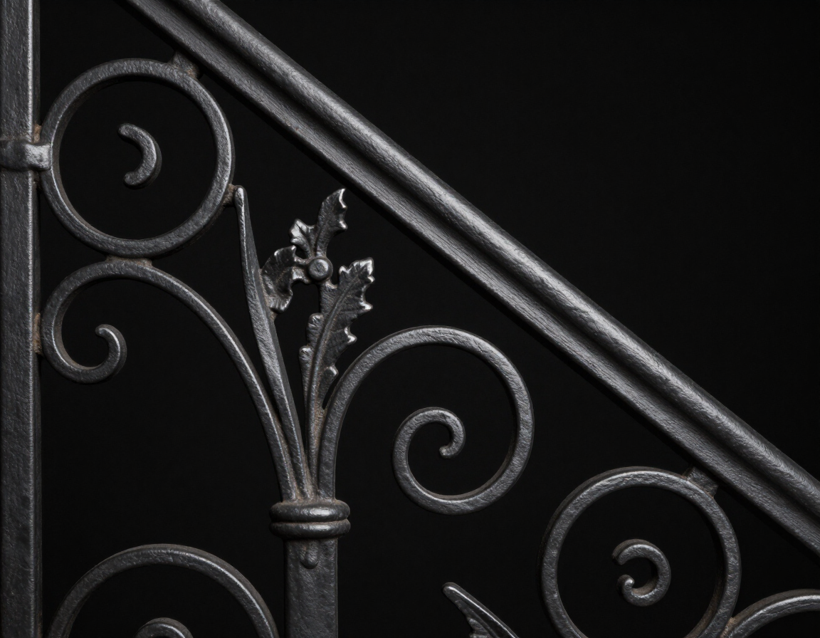 Decorative black wrought-iron railing with ornate scrollwork on a dark background