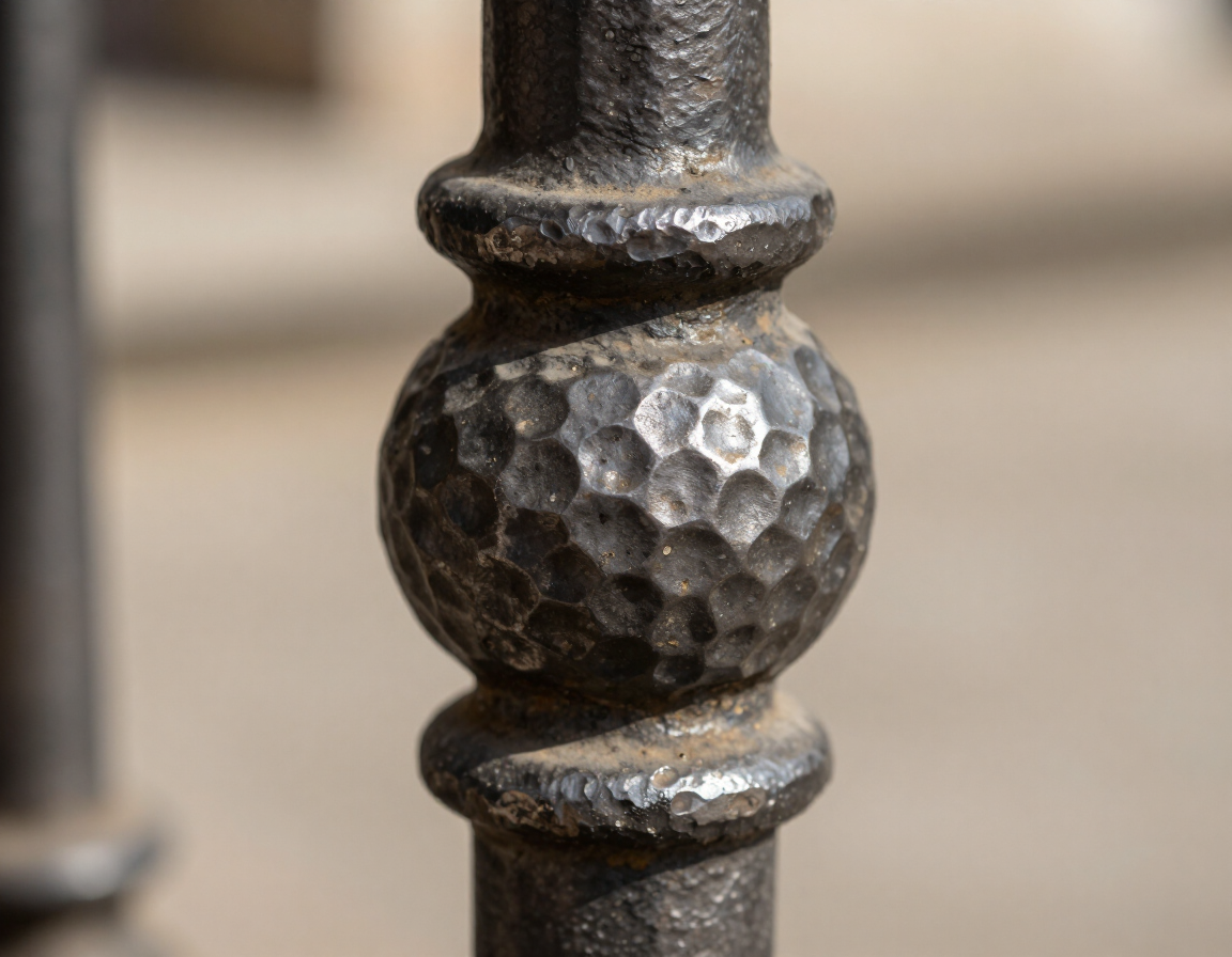 Close-up of a hammered black metal decorative baluster with a blurred background
