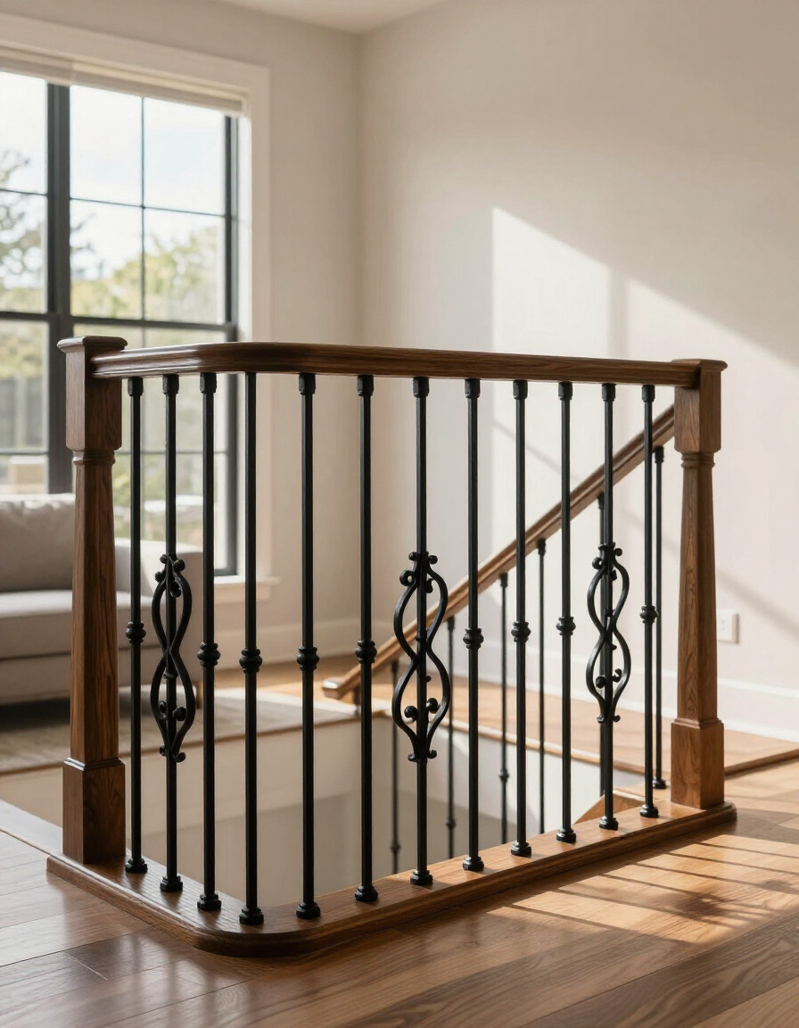 Black wrought-iron and wood stair railing around an open staircase in a sunlit room.