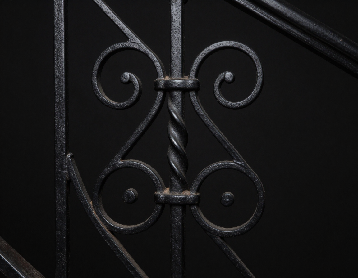 Close-up of black wrought-iron railing with decorative scrollwork on a dark background