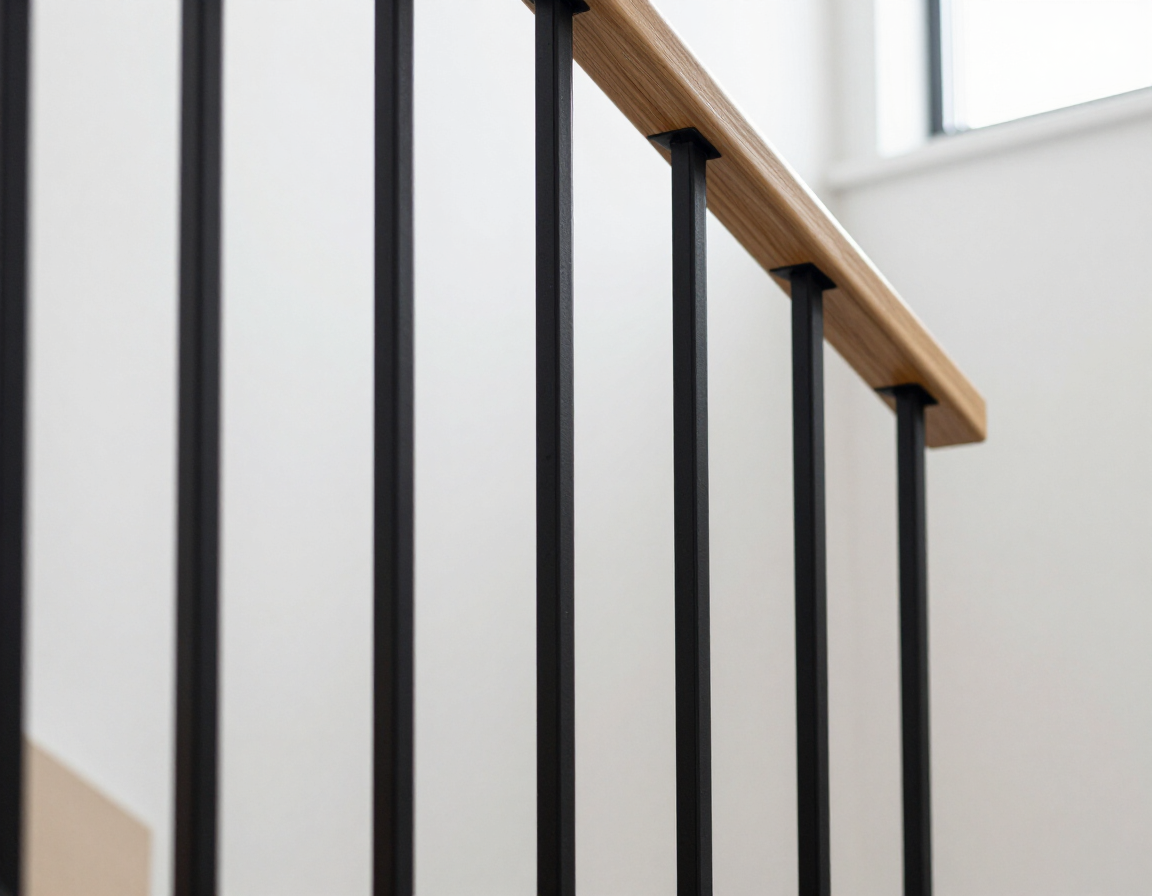 Modern staircase railing with black metal balusters and a light wood handrail in a bright interior