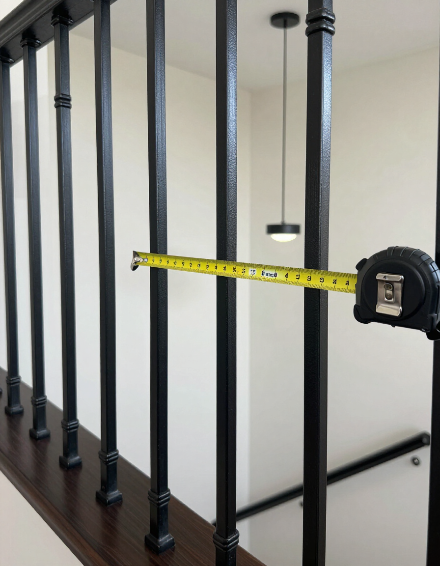 Tape measure stretched across black stair railing posts in a bright interior.