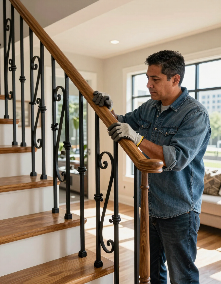 Man adjusting a wooden staircase banister in a bright living room