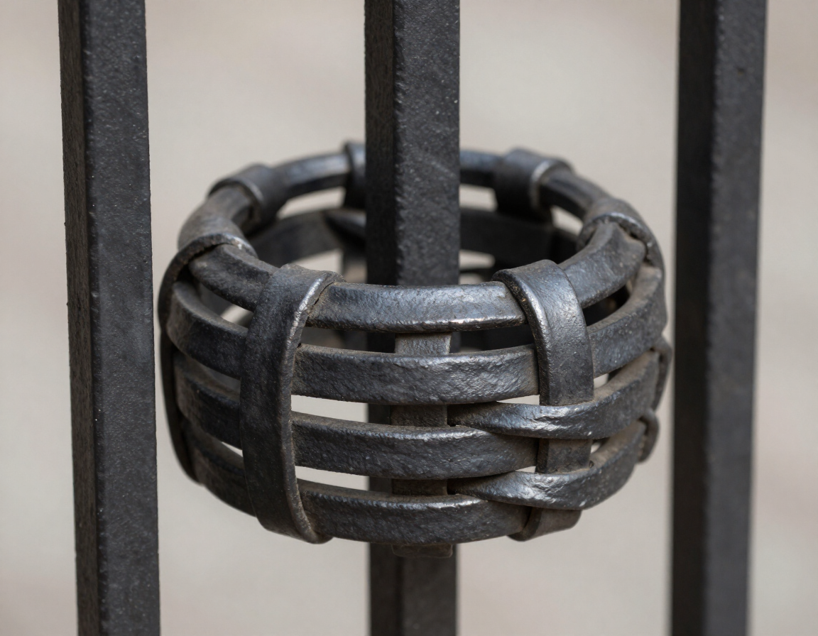 Close-up of a dark metal woven ring mounted on vertical black bars