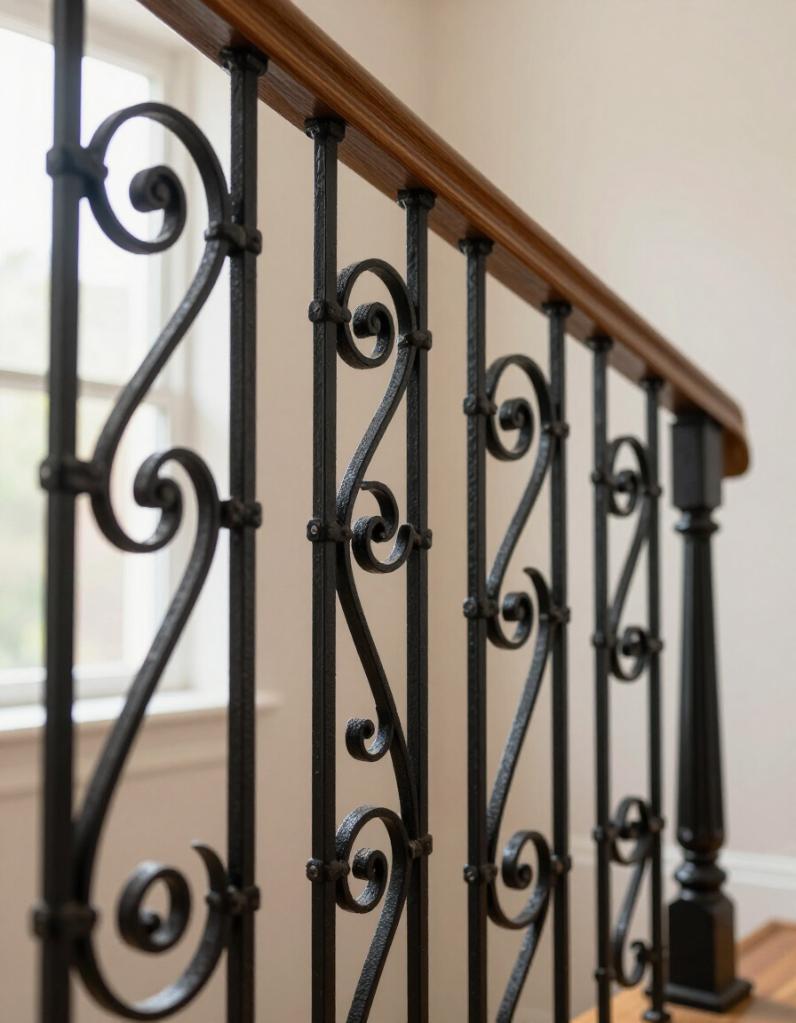 Black wrought-iron stair railing with decorative scrollwork beside wooden steps and banister
