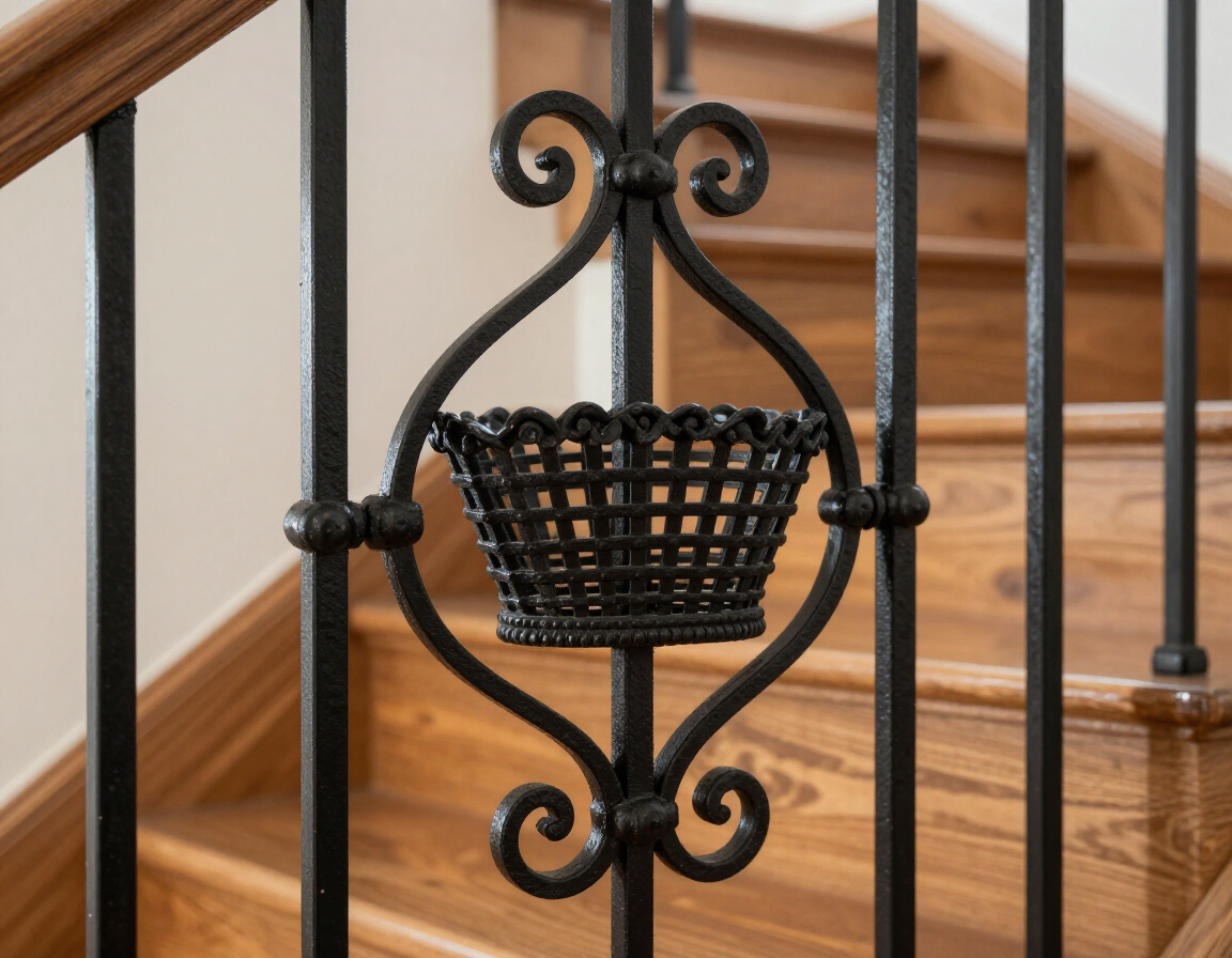 Black wrought-iron stair railing with decorative basket detail beside wooden steps