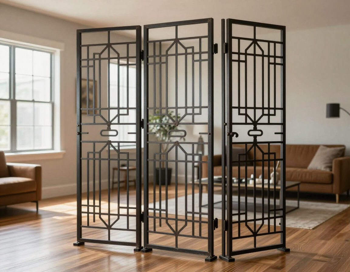 Black geometric folding room divider in a bright living room with a plant and sofa in the background