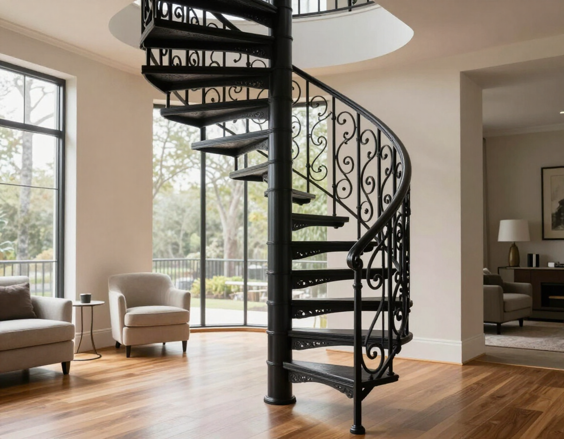 Curved black spiral staircase in a bright modern living room with wood floors and large windows