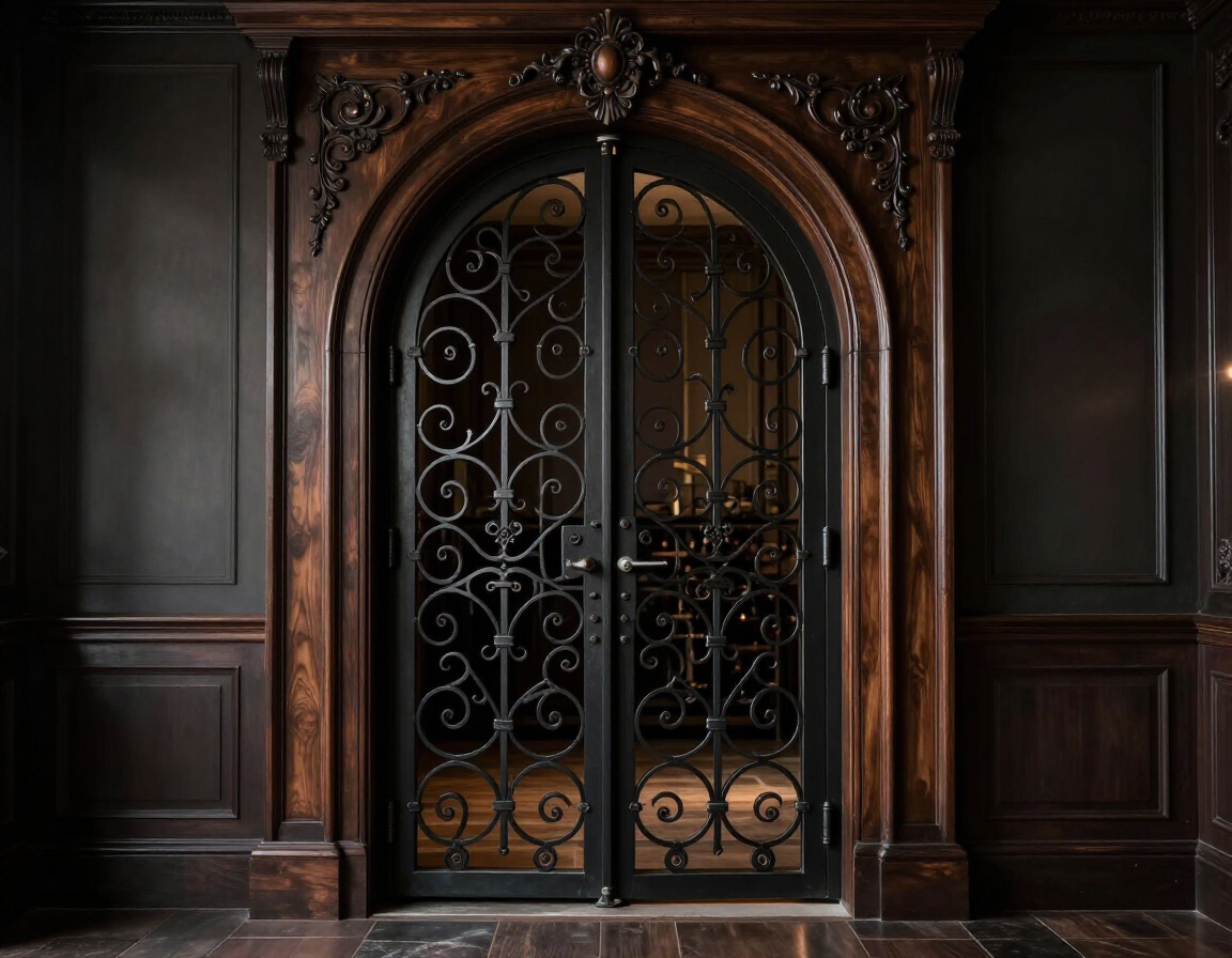 Ornate wrought-iron elevator doors set in a dark wood paneled wall