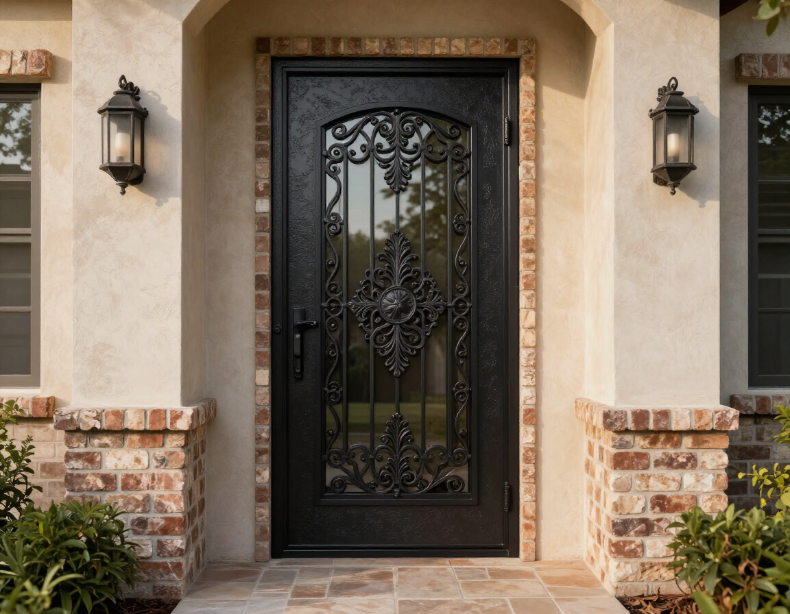 Black wrought-iron front door centered in a stone entryway with wall lanterns and potted greenery