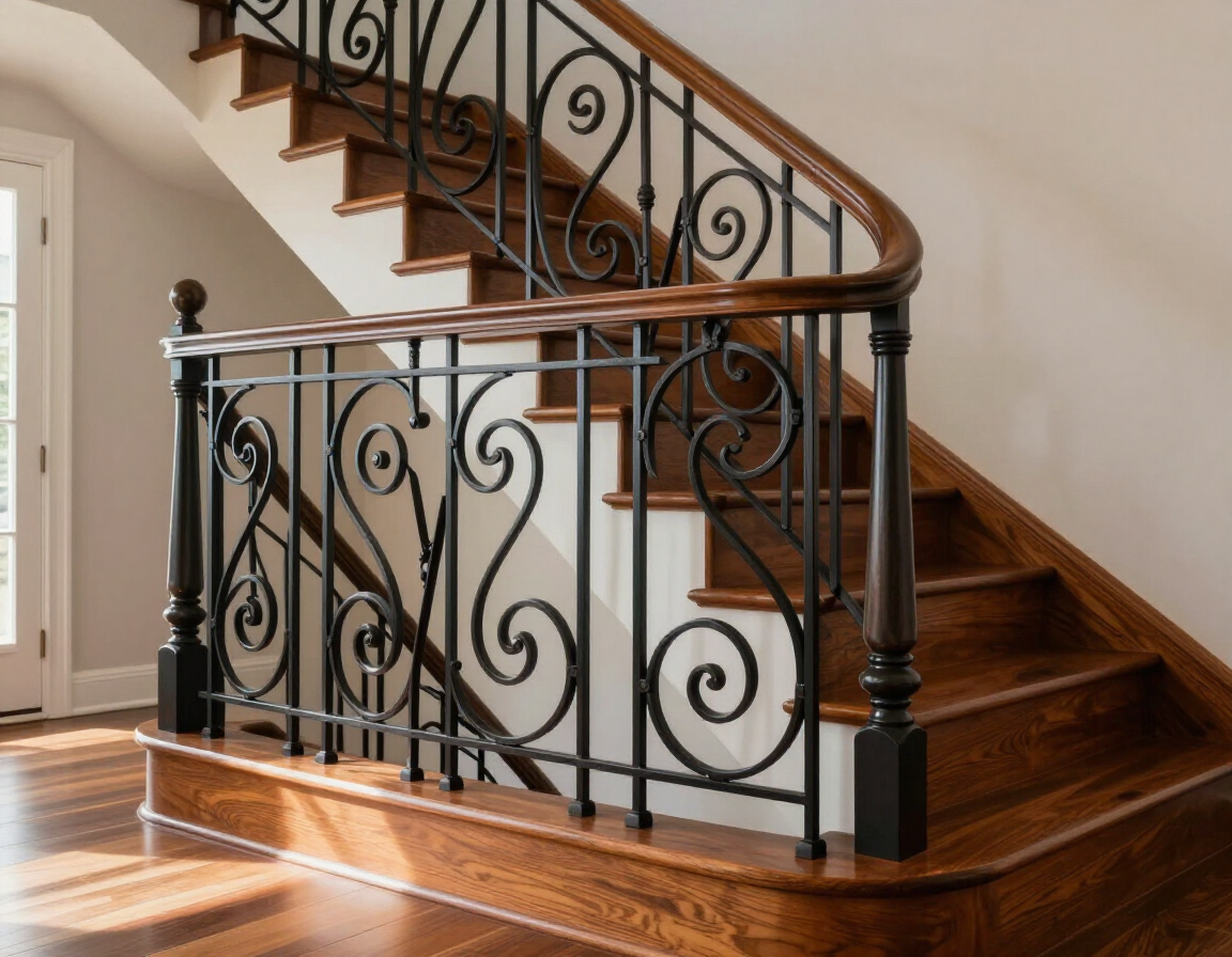 Ornate wooden staircase with black wrought-iron railing in a bright interior entryway