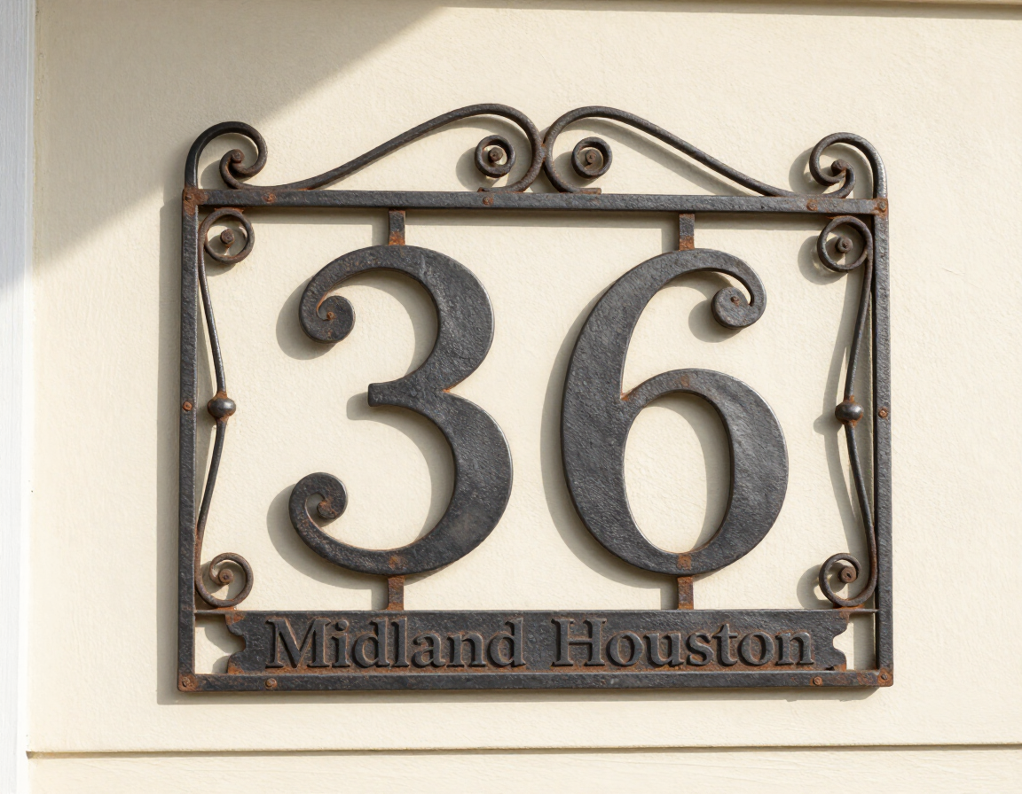 Decorative metal house number sign reading 36 with 