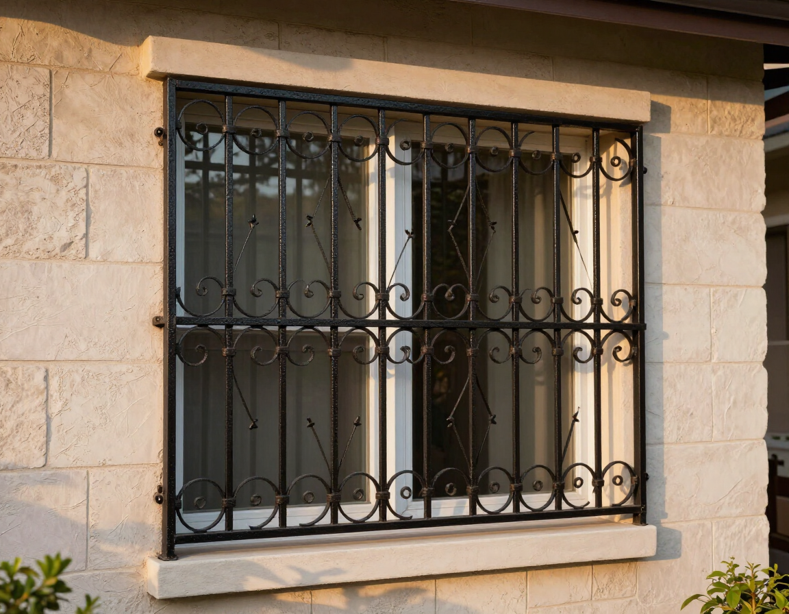 Window with black wrought-iron security bars set in a beige stone wall