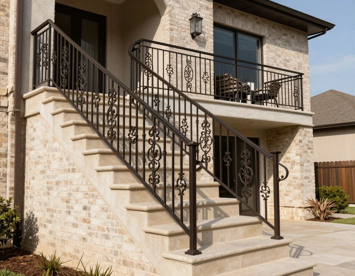 Stone exterior staircase with black iron railings leading to a second-floor balcony on a house