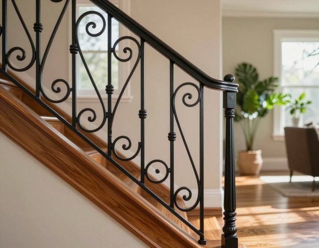 Interior staircase with dark wrought-iron railing and warm wood trim in a sunlit home hallway