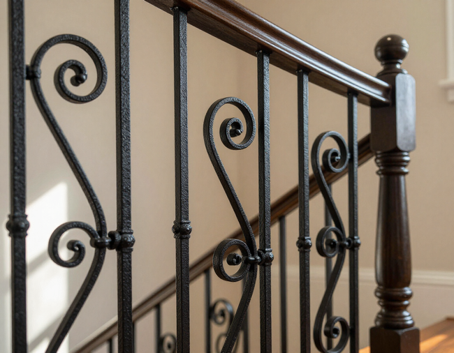 Black wrought-iron stair railing with decorative scrollwork and a wooden handrail beside carpeted stairs