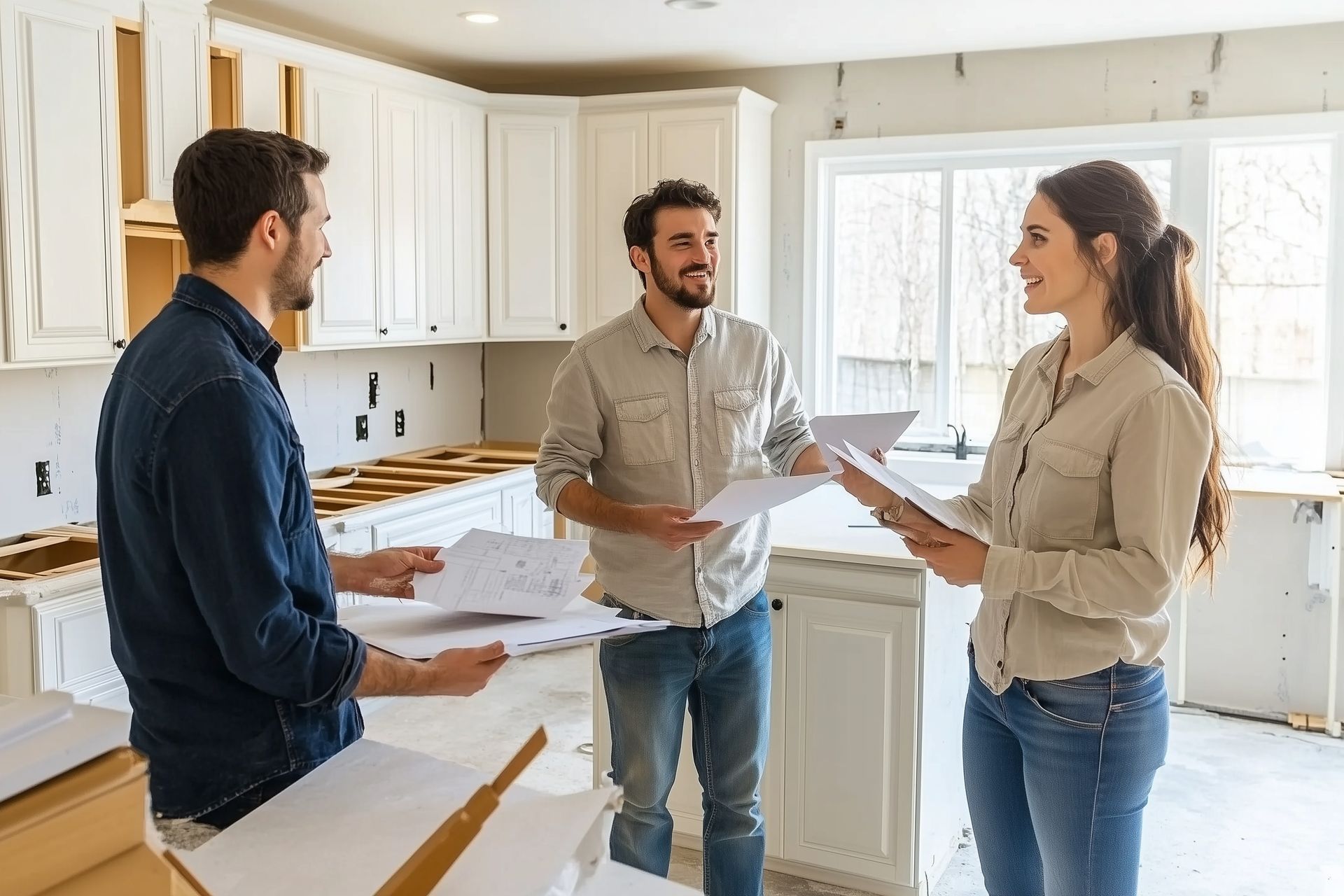 Three people in a kitchen discuss blueprints; cabinets and windows are in the background, smiling.