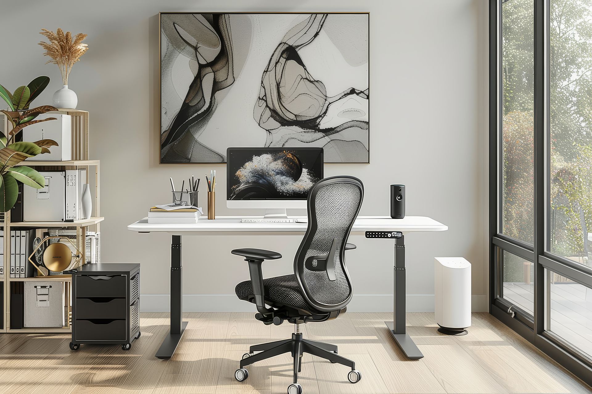 Modern home office with a standing desk, ergonomic chair, and abstract art.