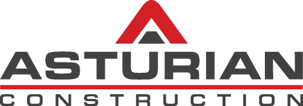Logo for Asturian Construction: Dark gray text with a red triangle on top. 