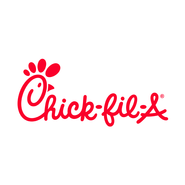 The chick-fil-a logo is red and white and has a chicken on it.